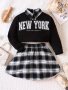 Trendy Girls' 2PCS New York Print Lapel T-Shirt & Plaid Skirt Set Preppy Style Sets Kids Clothes For Autumn Party Gift