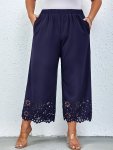 Plus Size Cutout Wide Leg Pants Casual Pocket Elastic Waist Pants Women's Plus Size Clothing
