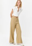 Wide Leg Woven Trousers With Side Buttons - Beige