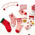 5PCS Girls' Strawberry Crew Socks - Breathable & Comfy Knit Fabric Perfect For All Occasions Ideal Gift For Kids Under 12