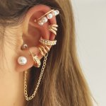 8-PIECE Set French Chic Style High Shine Faux Pearl Chain Link Wide Band MINI C-hoop Elegant Ladies Date Stackable Ear Cuffs Non