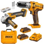 Ingco - Cordless Impact Drill & Angle Grinder Inc 2X2AH Batteries & Charger