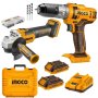 Ingco - Cordless Impact Drill & Angle Grinder Inc 2X2AH Batteries & Charger