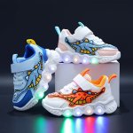 Trendy Cute Cartoon Dinosaur Sneakers With Light For Boys Breathable Lightweight Sport Shoes For Walking Running