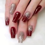 24PCS Glossy Medium Ballerina Fake Nails Burgundy Color Press On Nails With Golden Glitter Design Sparkling Full Cover False Nai