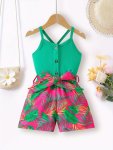Girls Stylish & Casual Crisscross Back Tropical Leaves Pattern Belted Cami Romper For Spring & Summer