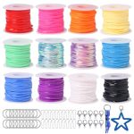 Candygirl Lanyard String Kit 12 Rolls Boondoggle String Plastic Lacing Cord 787FT Gimp String With 25 Keychain Rings 25 Snap Hoo