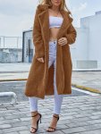 Plus Size Casual Faux Fur Coat Women's Plus Solid Teddy Fleece Long Sleeve Lapel Collar Single Breast Button Longline Coat