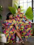 Plus Size Casual Dress Women's Plus Colorblock Allover Print Lantern Sleeve Boat Neck Button Decor Maxi Dress