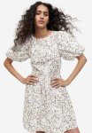 Puff-sleeved Dress - White Floral