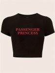 Princess Print Crew Neck T-Shirt Y2K Short Sleeve Tight Fit Crop Top For Spring & Summer Women's Clothing