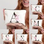 1PC Flowers Aesthetic Pattern Alphabet 26 Letter Initials Makeup Bag Women's Canvas Cosmetic Bag Lightweight Portable Makeup Bag