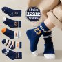 5 Pairs Of Boy's Trendy Striped Color Block Crew Socks Breathable Comfy Casual Style Unisex Socks For Kids Outdoor All Seasons Wearing