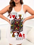 Poker Print Nightgown Casual Round Neck Racer Back Tank Dress Women's Sleepwear