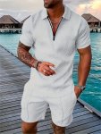 2PCS Men's Solid Full Digital Print Summer Co Ord Set Casual Style Zipper Lapel Short Sleeve Shirt And Matching Shorts Set Summe