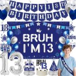 13TH Birthday Decorations For Boys Girls Men Blue Sliver Bruh I'm 13 Backdrop Happy 13TH Birthday Banner Table Honeycomb Centerp