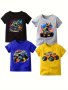 4PCS Boy's Casual Comfy Summer Short Sleeve T-shirts - Monster Trucks Themed Print Trendy Tops Multi-pack Gift