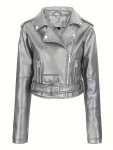 Solid Zipper Front Faux Leather Crop Jacket Casual Belted Long Sleeve Lightweight Jacket For Fall & Spring Women's Clothing