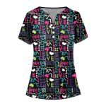 Scrubs For Women V Neck Short Sleeve Printed Tops Cartoon Pattern Plus Size Nursing With Pockets Greens S