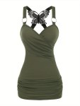Solid Color Cold Shoulder Tank Top Y2K Sleeveless Ruched Strap Butterfly Lace Tank Top For Spring & Summer Women's Clothing For