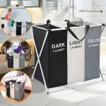 Office Sorting 3 Section Laundry Basket Printed Dark Light Color Foldable Hamper sorter With Waterproof Oxford Bags And Aluminum