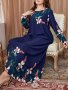 Plus Size Floral Print Ankle Length Dress Elegant Long Sleeve Crew Neck Dress For Spring & Fall Women's Plus Size Clothing