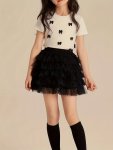 Girls Casual & Trendy Bowknots Decor Cotton Curve Hem T-Shirt For Spring & Summer Girls Comfy Tee Top For Street Wear