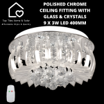 Polished Chrome Ceiling Fitting With Glass & Crystals - 9 X 3W LED 400MM