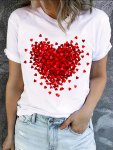 Heart Print T-Shirt Short Sleeve Crew Neck Casual Top For Summer & Spring Women's Clothing