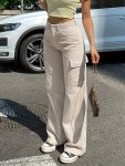 Solid Flap Pockets Cargo Pants Casual High Waist Button Slim Pants For Spring & Fall Women's Clothing