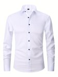 Solid Mature Men's Slim Fit Long Sleeve Button Up Shirt For Business And Meeting Spring Fall Gift For Men