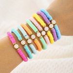 9PCS Bohemian Style Beach Smiling Face Bracelets Set Macaron Colors Soft Clay Stackable Wristbands Multi-color Colorful Bangle S