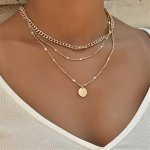 Layered Chain Necklace Set With Round Pendant Vintage And Simple Style Fashion Multi-strand Choker For Women Elegant Disc Charm