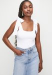 Square Neck Shoulder Bow Tie Bodysuit - White