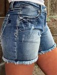 Women's Distressed Denim Shorts With Star Embroidery Stretchy Casual Jean Hotpants Frayed Hem Summer Fashion
