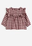 Frill-trimmed Flannel Blouse - Dark Red Checked