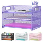 Samstar 3 Tier Purple Letter Tray Paper Organizer With Handle Mesh Desk Organizer Paper Sorter File Rack Shelves Purple
