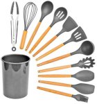 12 Piece Non-stick Silicone Cooking Utensil Set With Natural Wooden Handles - Grey Silicone Cooking Spoon Kitchen Tool Set