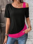 Color Block Cold Shoulder T-Shirt Casual Asymmetrical Neck Short Sleeve Top For Spring & Summer Women's Clothing