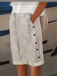 Stripe Print Elastic Waist Deck Pants Casual Slant Pockets Button Decor Pants For Spring & Summer Women's Clothing