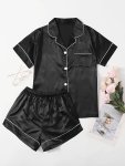 Women's Solid Satin Casual Pajama Set Short Sleeve Buttons Lapel Top & Shorts Comfortable Relaxed Fit