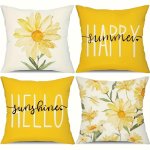 4PCS Spring And Summer Pillow Case Yellow Letter Flower Pattern Pillow Case Watercolor Daisies Simple Style Suitable For Home De