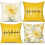 4pcs Spring And Summer Pillow Case Yellow Letter Flower Pattern Pillow Case Watercolor Daisies Simple Style Suitable For Home Decoration Sofa Outdoor Office By