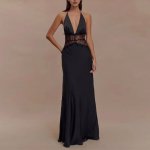 Seamless Halter Deep V-slit Silk-smooth Satin Dress