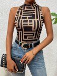Greek Print Mock Neck Tank Top Elegant Sleeveless Tank Top For Summer Women's Clothing
