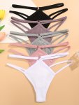 5PCS Solid Ribbed Ring Linked Thongs Simple Comfy Breathable Stretchy Intimates Panties Women's Lingerie & Underwear