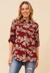 Womens Long Sleeve Button Through Embroidery Shirt In Burgandy - Burgandy XL