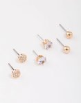 Goldair Gold Glitter Diamante Stud Earrings 3-PACK
