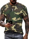 Camouflage Pattern Design Crew Neck Short Sleeve T-Shirt For Men Casual Summer T-Shirt For Daily Wear And Vacation Resorts