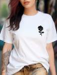 Rose Print Crew Neck T-Shirt Casual Short Sleeve T-Shirt For Spring & Summer Women's Clothing